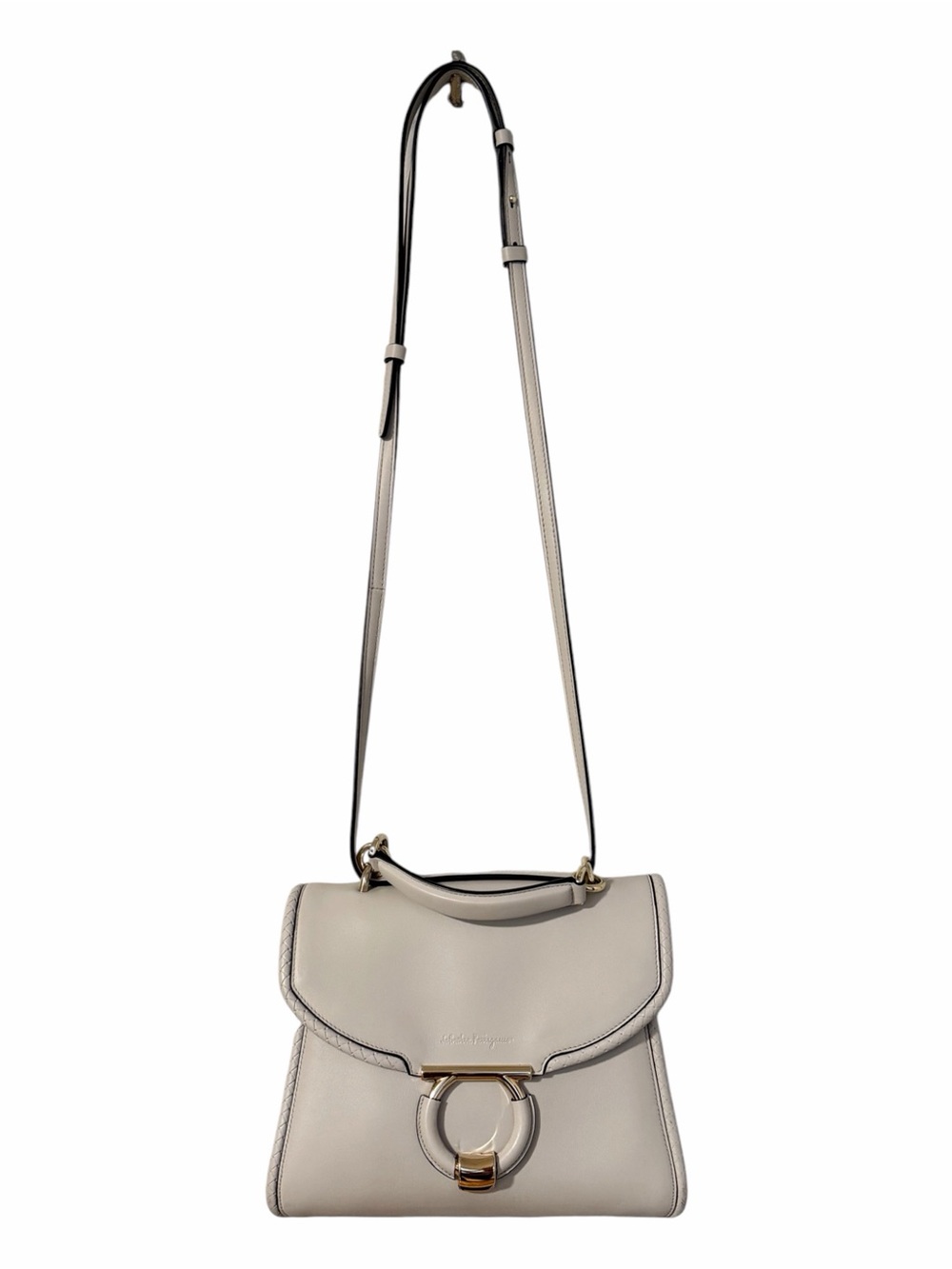 Salvatore Ferragamo Light Gray Leather Gancini Crossbody Bag Golden Hardware